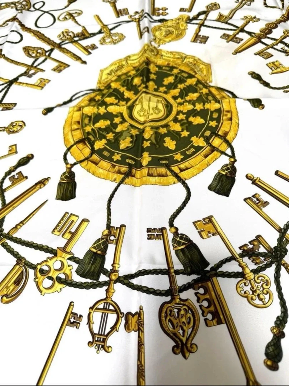 Hermes Olive Green White Gold Key Motif Silk Scarf